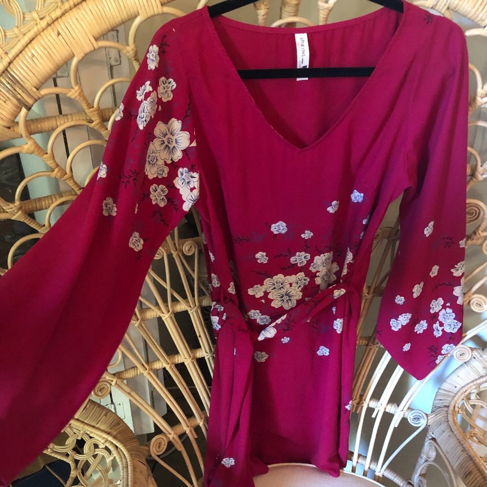 Pink Owl Floral Pink Dress Tunic Bell Sleeve